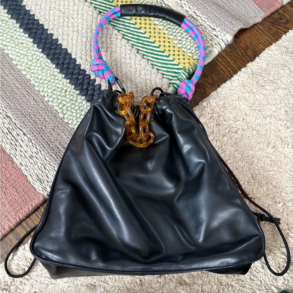 Black Leather Women's Bag with Colorful Handle